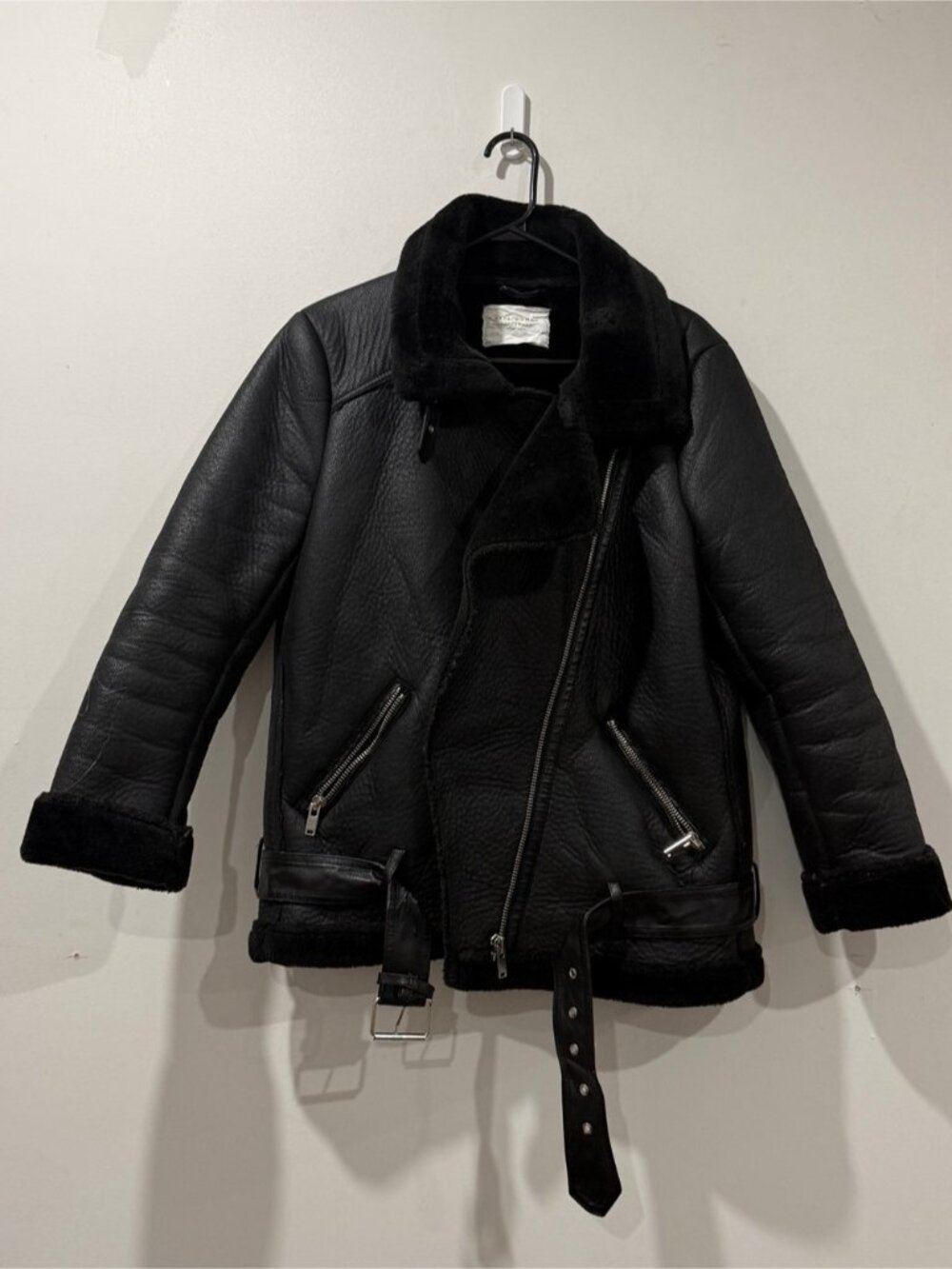 Zara Woman Size L Black Faux Shearling Aviator Jacket - Picture 2 of 11